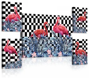Vászonkép, 5 darabos Flamingók kockás háttérrel variálható elrendezésben