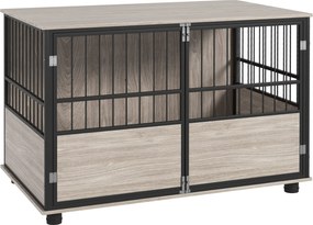 PawHut Belső Kutya Ketrec, Asztalka, 100 x 60 x 68 cm, 30 kg-ig szánt kutyák számára, 3 zárható ajtó, könnyű összeszerelés, fekete fa hatás | Aosom