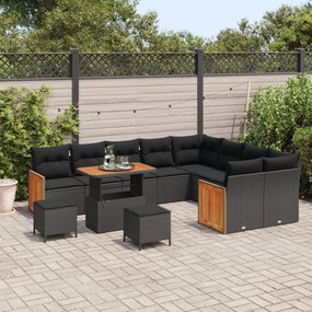 12 darabos kertibútor szett párnákkal fekete poli rattan akác, 3 darabos kertibútor szett párnákkal fekete poli rattan akác