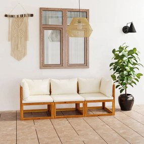 3 személyes tömör akácfa kerti kanapé krémszínű párnával