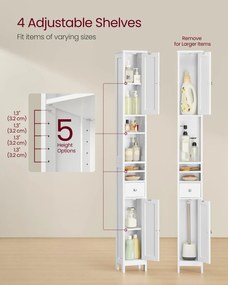 180cm Magas fürdőszobai szekrény, keskeny, állítható polcokkal, modern, felhőfehér