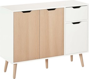 HOMCOM Modern Oldalszekrény 3 Ajtóval és Fiókkal 90x30x72 cm Fehér és Természetes Fa | Aosom