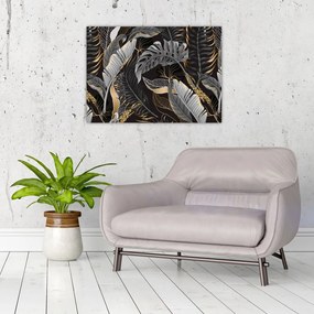 Kép - Trópusi levelek fekete és arany színben (üvegen) (70x50 cm)