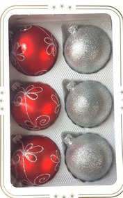 Karácsonyfadísz piros-ezüst üveg 8 db-os