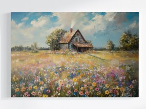 Vászonkép Canvas Tájkép Falu Ház Kunyhó Rét Virágok Tavasz 120x80