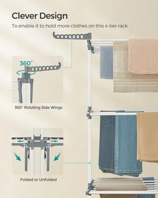Összecsukható 4 szintes ruhaszárító állvány, mozgatható, 64 x 126 x 172 cm, rozsdamentes acél, lehajtható szárnyakkal, fehér