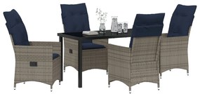5 részes kerti étkezőgarnitúra párnákkal - Szürke poli rattan, fekete asztal 140x80x73 cm - Temperált üveg