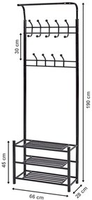 Fém ruhatartó állvány cipőpolcokkal - fekete