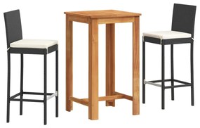 3 részes fekete tömör akácfa és polyrattan kerti bárszett