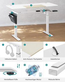 Állítható magasságú elektromos íróasztal, memória funkcióval, fehér