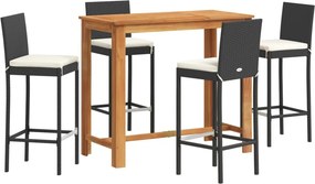 vidaXL 5 részes fekete tömör akácfa és polyrattan kerti bárszett