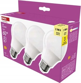 ZQ5E41.3 Led izzó A60 meleg hármas csomag 7W-60W 2700K 806lm 3 év Emos