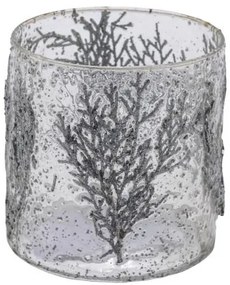 Ezüstös üveg gyertyatartó ágakkal, 15x15x14,5cm