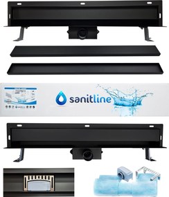 Sanitline Lineáris lefolyó 90cm Fali 2 az 1-ben Fekete Matt Csempe Alatt Sima