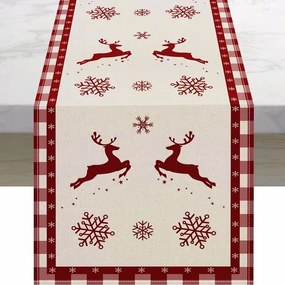 Karácsonyi Asztalterítő Bézs-Piros Kockás és Hópehely 33x183