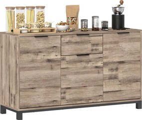 HOMCOM Nappali Szekrény, Oldalszekrény Fiókkal és 3 Szekrénnyel, Állítható Polcokkal, Ipari Stílusú Acél Lábakkal az Étkezőbe és Konyhába, 120x36.5x70