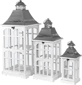 Grandiózus 3db-os koptatott üvegezett fehér fa mécsestartó lámpás lantern szett fém tetővel 80x32x32 / 63x24x24 / 44x16x16cm