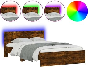 vidaXL füstös tölgy színű ágykeret fejtámlával és LED-del 135x190 cm