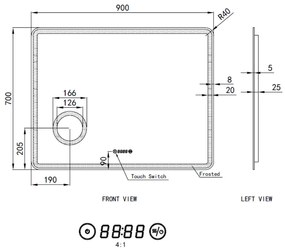 Fürdőszobai LED tükör 90x70cm | Páramentesítő - Kozmetikai tükör - Fényerő + színhőfok állítás - Digitális óra | Welland Luxury-Line G796