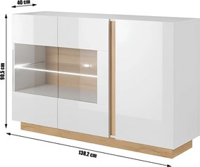 Komód üveggel, fehér/tölgy grandson/magasfényű fehér, CITY