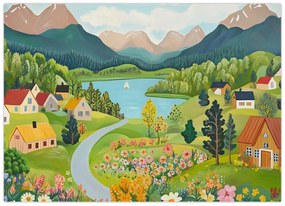 Üveg Üveg kép - Falu a hegyekben (70x50 cm)