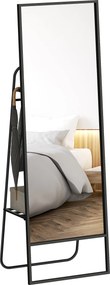 HOMCOM Álló Tükör 157 x 50 cm Téglalap Alakú Polccal, 2 Horoggal, Fém Kerettel, Nagy Tükör, Öltöztető Tükör Hálószobához, Nappalihoz, Előtérhez, Feket