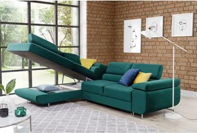 Zöld bársony kinyitható-tárolóhelyes sarokkanapé (bal oldali-L alakú) Anton – ELTAP