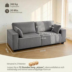 HOMCOM Kanapé 3 személyes, zsákrugós kárpitozással, 2 párnával, 218 x 79 x 91 cm, világosszürke