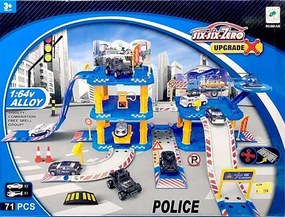 Police 71 Darabos Kisautó Autó Parkoló Parkolóház Szett 3 Emeletes 1:64 Fém Autókkal 2 Db Autó 1 Helikopter