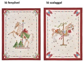 Karácsonyi hintalovas pamut konyharuha 50x70 cm Giostra 2 féle / ló fenyővel