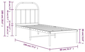 fekete fém ágykeret fejtámlával 75 x 190 cm