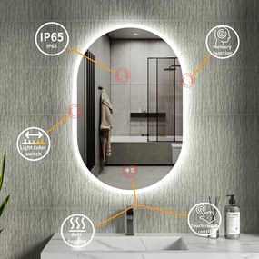 Erga Demi, ovális LED tükör 60x90cm, 3 színű fény, első világítás, páramentes fűtőbetét, ERG-V01-Demi-6090-CL