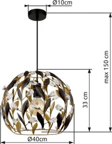 Globo 15759H Függőlámpa, fekete matt fém, aranyszínű fém, fekete patinázott, tiszta akril kristályok, fekete PVC kábel, ø: 400mm, M: 1500mm, 1x E27 40W 230V izzó nélkül