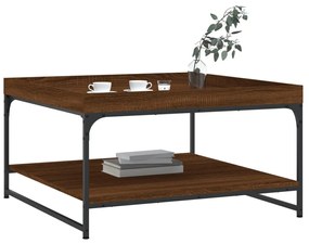 Barna tölgyszínű szerelt fa és vas dohányzóasztal 80x80x45 cm