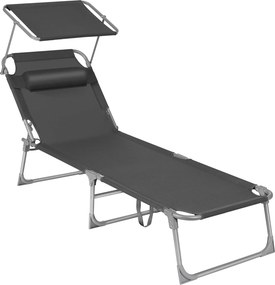 Összecsukható napozóágy napellenzővel 53 x 193 x 29,5 cm, 150 kg-ig terhelhető, sötétszürke