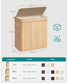 Fedeles szennyeskosár, bambusz ruháskosár 150 L, természetes bézs színben