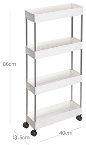 SongmicsHome SLIM görgős polc, 4 szintes, 13,5x40x86cm, fehér