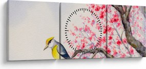 Kép - Madár egy fán, piros virágokkal (órával) (90x30 cm)