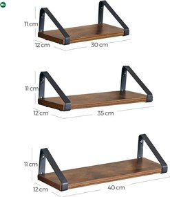 3 darabos fali polc szett, rusztikus barna 30/35/40cm