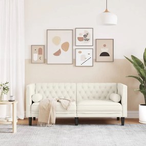2 személyes krémszínű bársony Chesterfield kanapé párnákkal