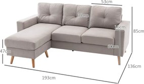 HOMCOM Sarokkanapé 3 személyes, vászonhatású, megfordítható heverő, világosszürke