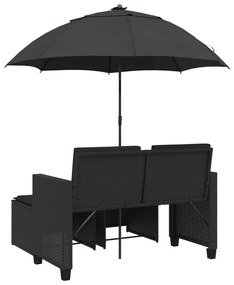 2 személyes fekete polyrattan kerti kanapé napernyővel/székkel