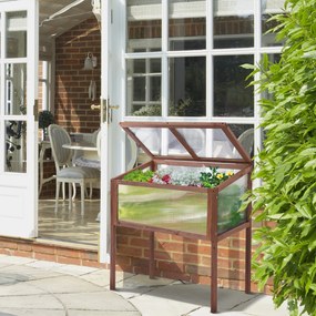 Outsunny Fa Magaságyás Üvegház 90 x 50 x 93 cm Ültetőasztal Fedéllel, Időjárásálló Fűszernövény Ültető Kertbe, Erkélyre és Teraszra Barna | Aosom