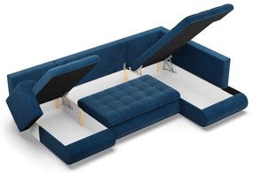 Tokio U sarokkanapé, 3 ágyneműtartóval, kordbársony, jobboldali, kék