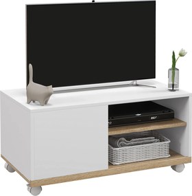 HOMCOM Modern TV Állvány Kerekekkel 42 Hüvelykes Televíziókhoz, 1 Ajtós és 2 Polcos Tárolóval, 80x45x39,5 cm Fehér | Aosom