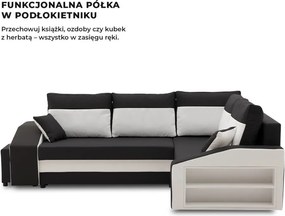 Grande sarokkanapé polcokkal és puffokkal , polc a jobb karfaban puffok a bal karfaban, jobboldali, szövet anyag, bonell töltet, fekete - fehér