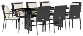 9 részes fekete polyrattan kerti étkezőgarnitúra párnákkal
