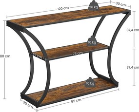 Konzolasztal polcokkal, rusztikus barna 120x30x80cm