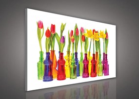 Vászonkép, Virágok színes üvegekben, 100x75 cm méretben