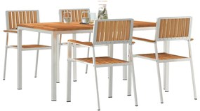5 Részes Kerti Étkezőszett Tömör Fa Tikfa, Kültéri Étkezőasztal 150x90x75 cm Tömör Fa Tikfa, Rakásolható Kerti Székek 4 db Tömör Fa Tikfa és Fém